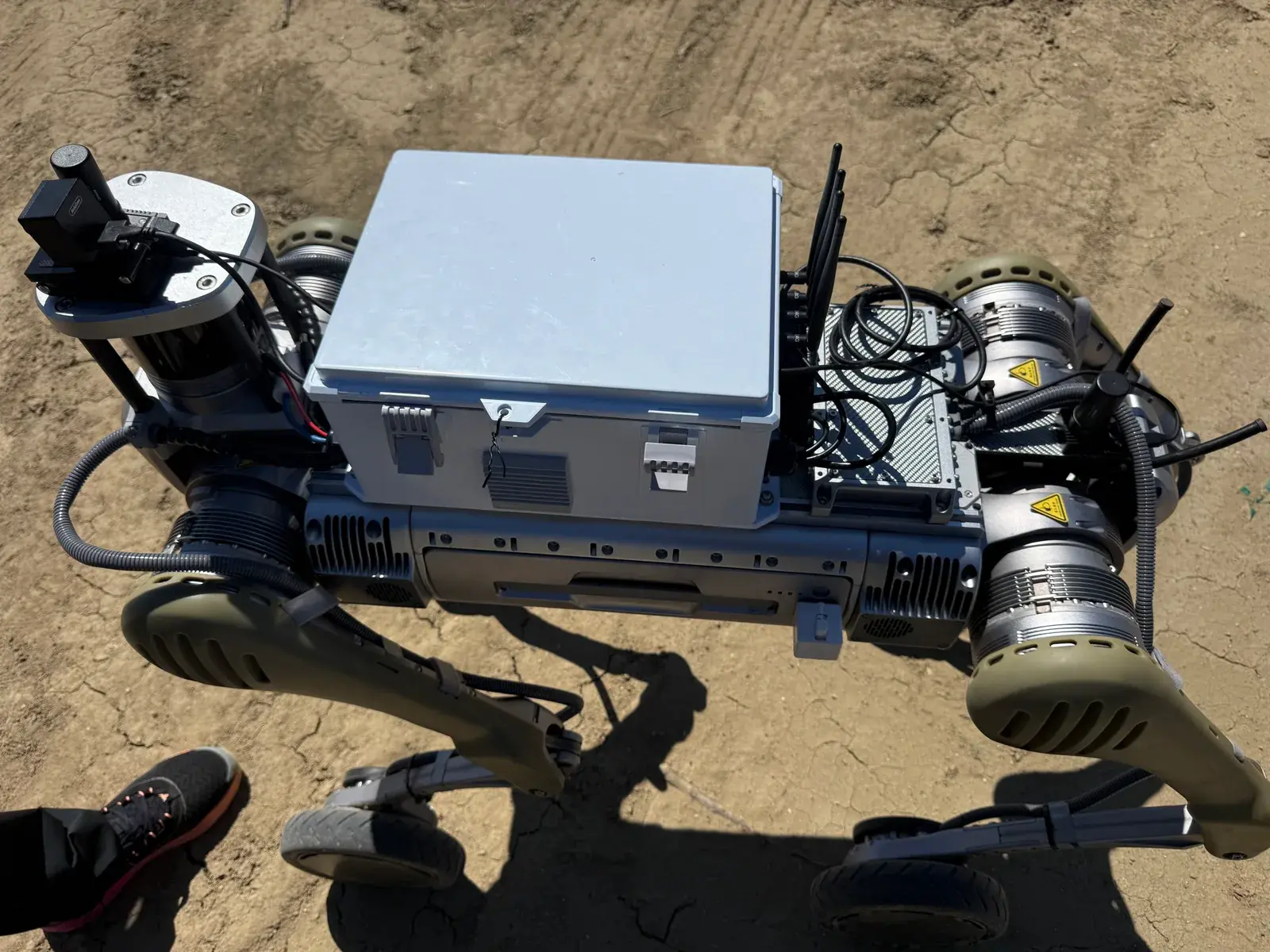 Detail view of the RX BRAIN sensor payload mounted to the B1 platform in the orchard.