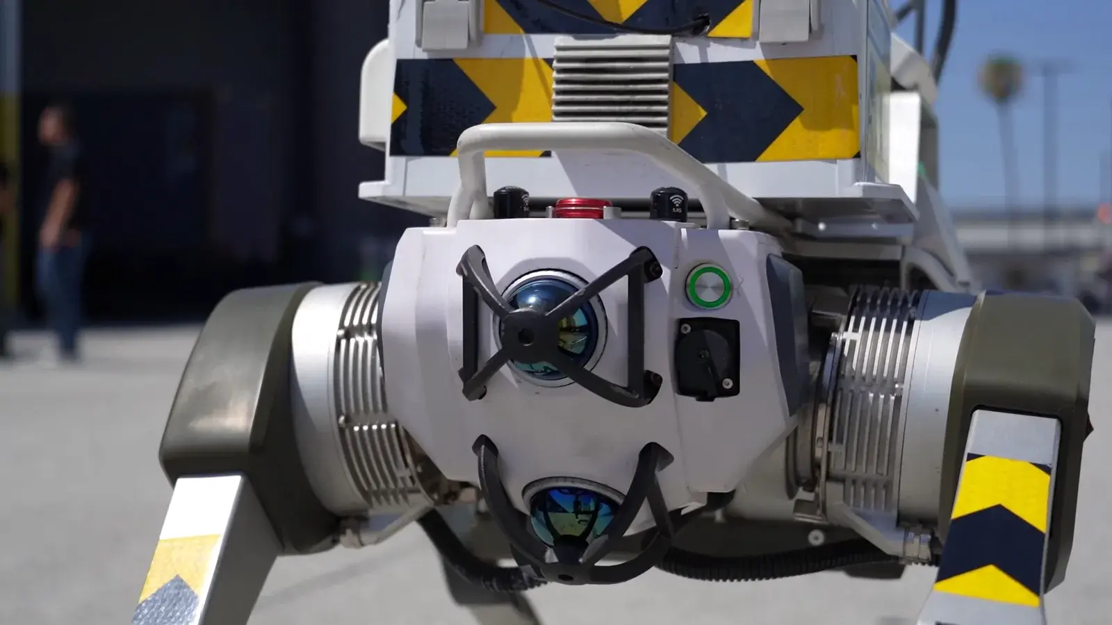 Close-up of the inspection robot's front sensor head with its cameras and depth sensors.